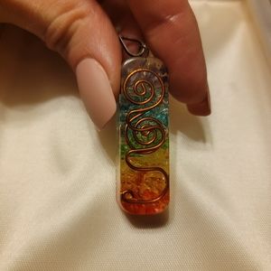 Abstract rainbow and copper wire pendant